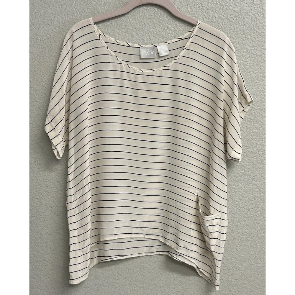 LiLu 100% Silk Short Sleeve Crew Neck Blouse Size Small Ivory Black Striped